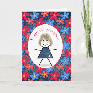 Carte 90e Anniversaire Stick Girl and Daisies On Denim