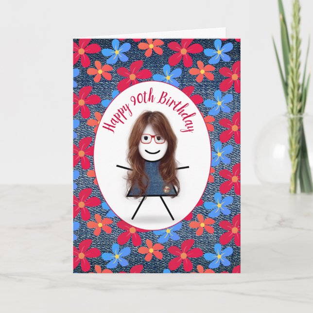 Carte 90e Anniversaire Stick Girl and Daisies On Denim (Devant)