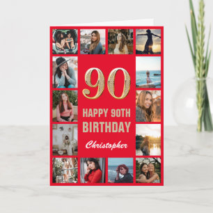 Carte 90e Joyeux Anniversaire Collage photo rouge et or