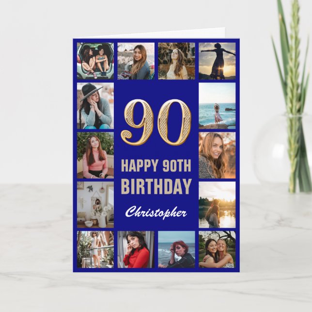 Carte 90e Joyeux Anniversaire Marine Bleu & Gold Photo C (Devant)