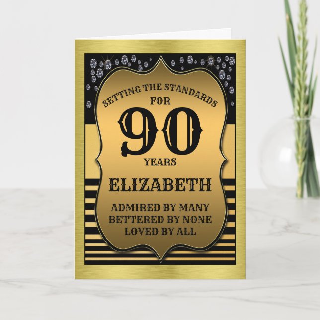 Carte 90th Birthday Black & Gold Ajouter votre nom Salut (Devant)