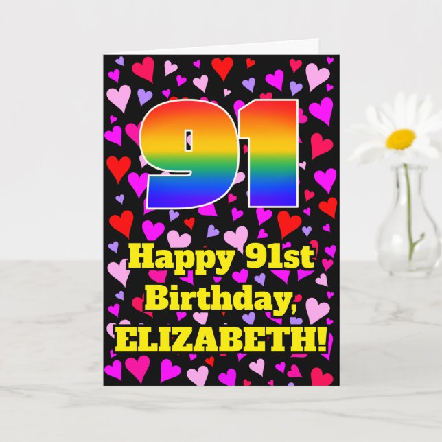 Carte 91e anniversaire : Amour Hearts Motif, Arc-en-ciel (Petite plante)