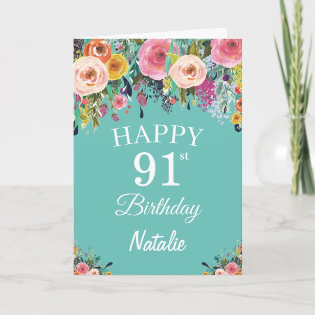 Carte 91e anniversaire Aquarelle Florale Fleurs Turquois (Devant)
