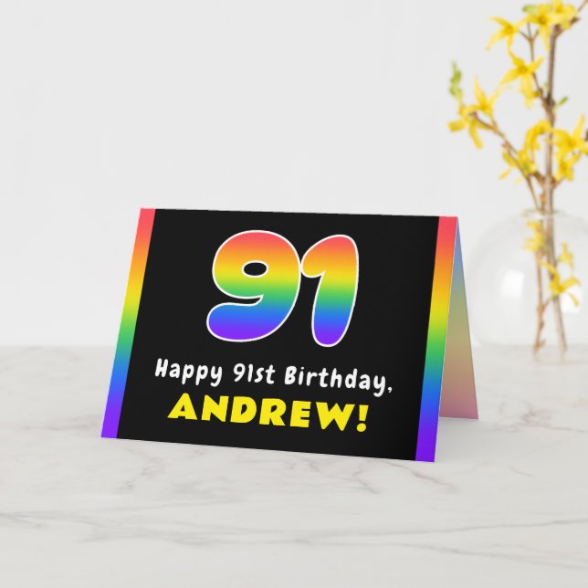 Carte 91e anniversaire : Arc-en-ciel coloré # 91, Nom pe (Fleur jaune)