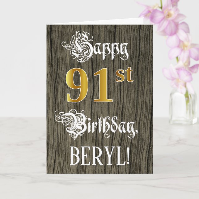 Carte 91e anniversaire : Faux Gold Look + Faux Wood Moti (Orchidée)