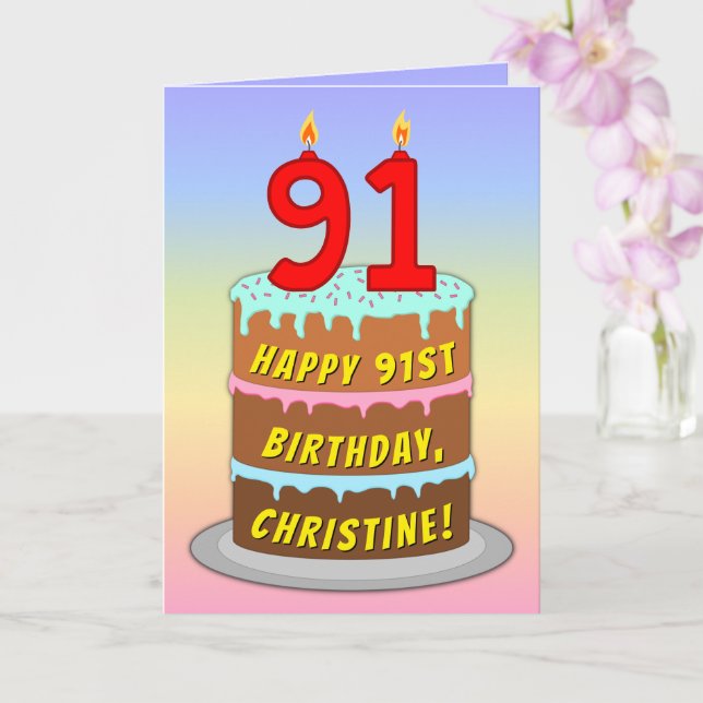 Carte 91e anniversaire — Fun Cake & Candles, avec nom pe (Orchidée)