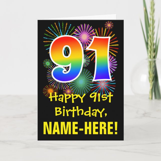 Carte 91e anniversaire : Fun Fireworks Motif + Rainbow 9 (Devant)