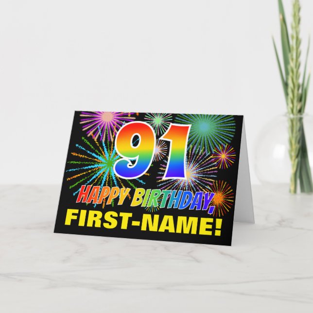 Carte 91e anniversaire : Gras, Amusants, Feu d'artifice, (Devant)