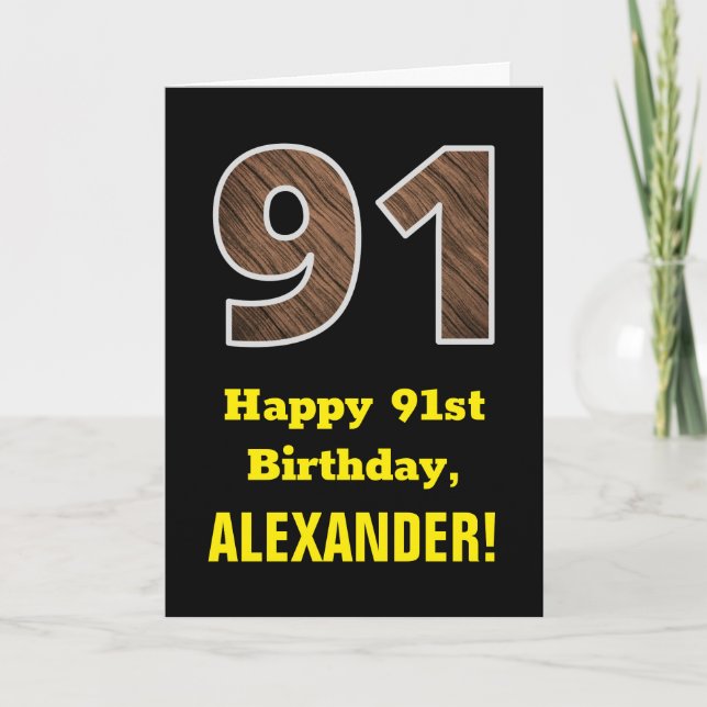 Carte 91e anniversaire : Nom, Faux Motif du grain de boi (Devant)