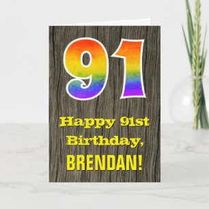 Carte 91e anniversaire : Rustic Faux Wood Look, Arc-en-c