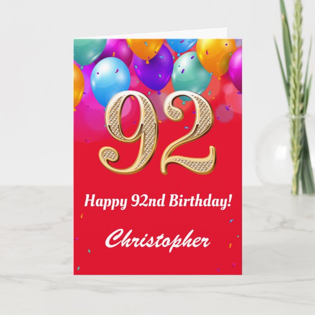 Carte 92e anniversaire Ballons rouges et dorés (Devant)