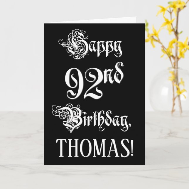 Carte 92e anniversaire : fantaisie, élégant script + Nom (Fleur jaune)