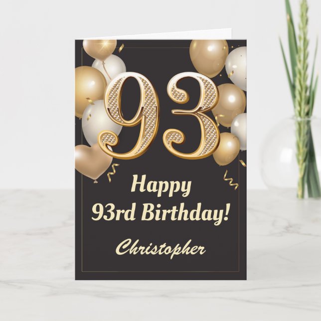 Carte 93e anniversaire Ballons Noir et Or Confetti (Devant)