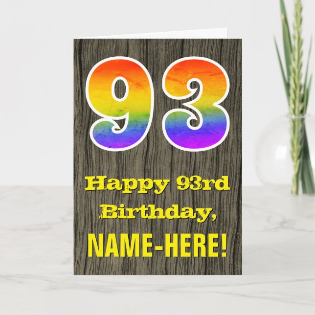 Carte 93e anniversaire : Rustic Faux Wood Look, Arc en c (Devant)
