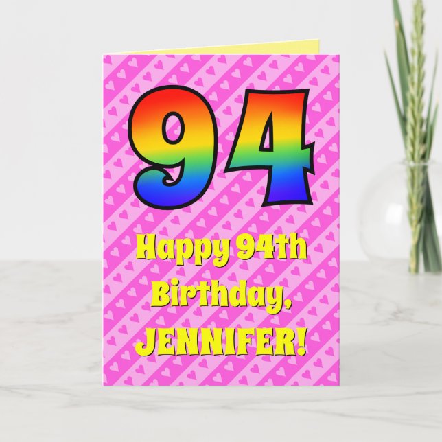 Carte 94e anniversaire : Pink Stripes & Hearts, Arc en c (Devant)