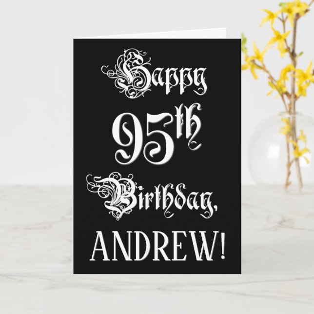 Carte 95e anniversaire : fantaisie, élégant script + Nom (Fleur jaune)