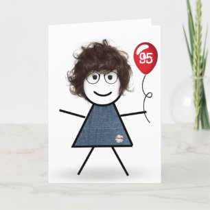 Carte 95e Anniversaire Stick Girl avec Ballons Rouge