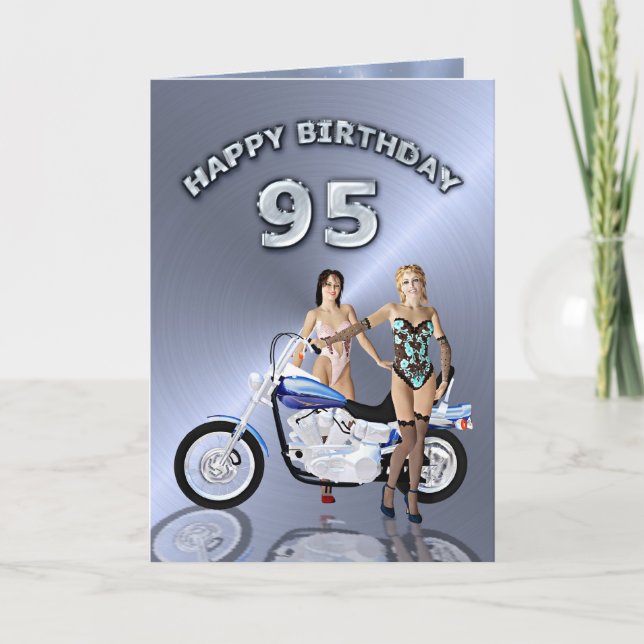 Carte 95ème anniversaire avec des filles et une moto (Devant)