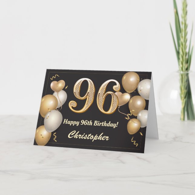 Carte 96e anniversaire Ballons noirs et or Anniversaire (Devant)