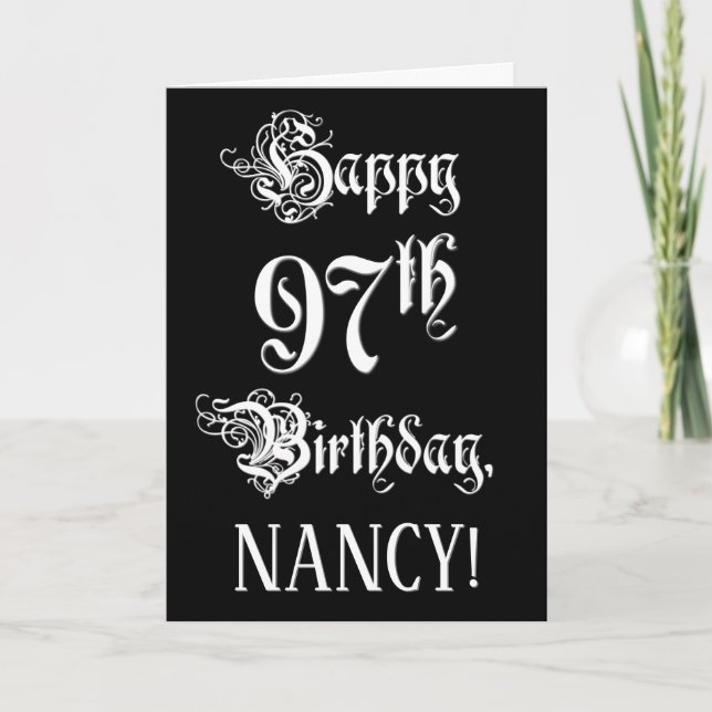 Carte 97e anniversaire : fantaisie, élégant script + Nom (Devant)