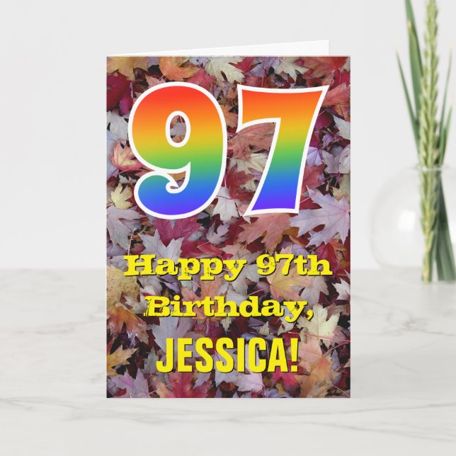 Carte 97e anniversaire ; Feuilles d'automne rustiques ;  (Devant)