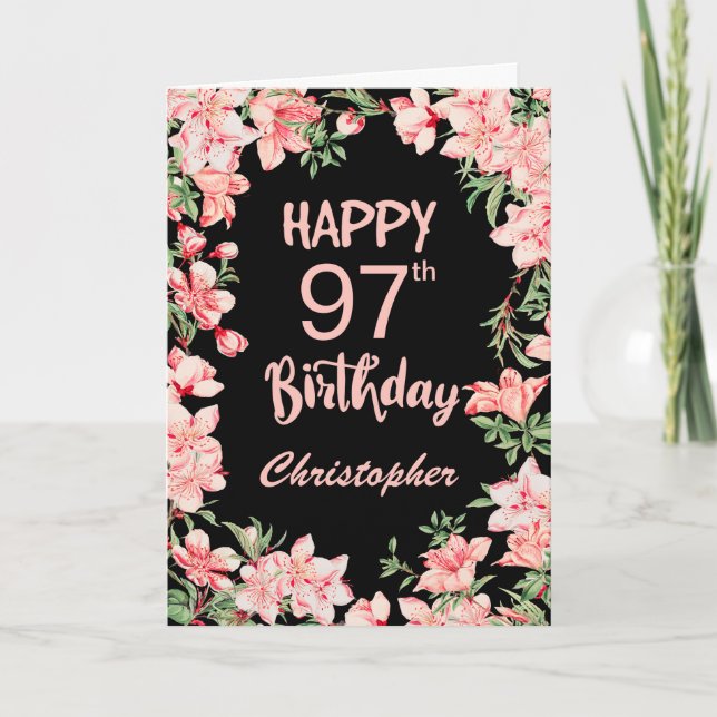 Carte 97e anniversaire Peach rose aquarelle Floral Noir (Devant)