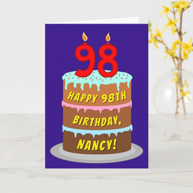 Carte 98e anniversaire : Fun Cake and Candles + Nom pers (Fleur jaune)
