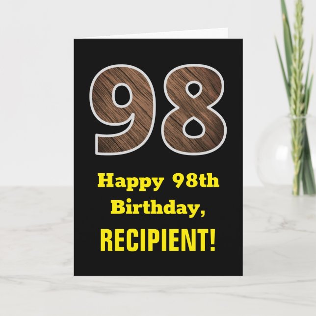 Carte 98e anniversaire : Nom, Faux Wood Grain Motif "98" (Devant)