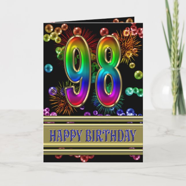 Carte 98ème anniversaire avec bulles arc-en-ciel et feux (Devant)