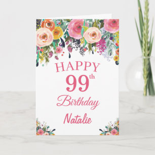 Carte 99e anniversaire Aquarelle Florale Fleurs rose car