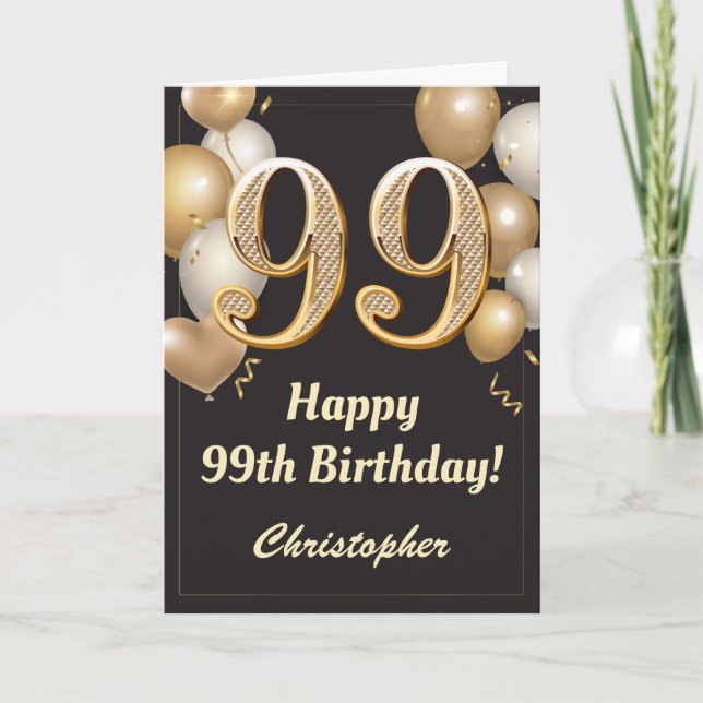 Carte 99e anniversaire Ballons Noir et Or Confetti (Devant)