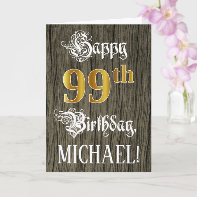 Carte 99e anniversaire : Faux Gold Look + Faux Wood Moti (Orchidée)