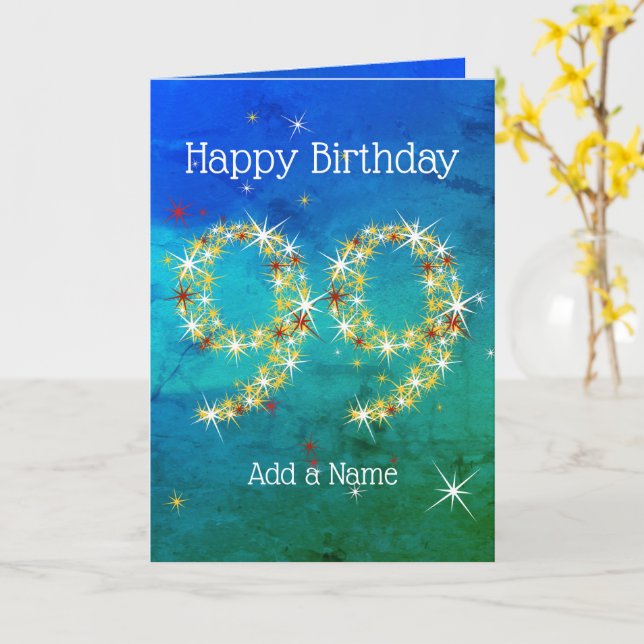 Carte 99e anniversaire - Nombres d'étoiles - Vert bleu - (Fleur jaune)