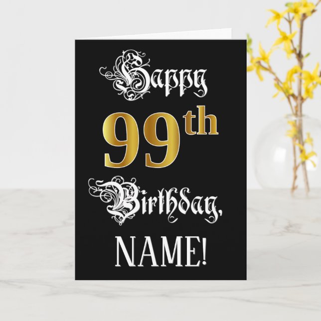 Carte 99e anniversaire — Script fantaisie; look or Faux; (Fleur jaune)