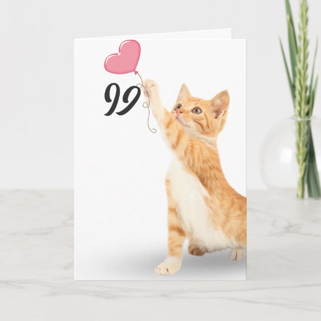 Carte 99e anniversaire tabby chat avec ballon cardiaque (Devant)