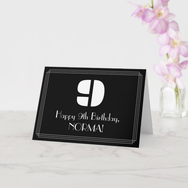Carte 9e anniversaire : Art Déco Inspiré Look "9" & Nom (Orchidée)