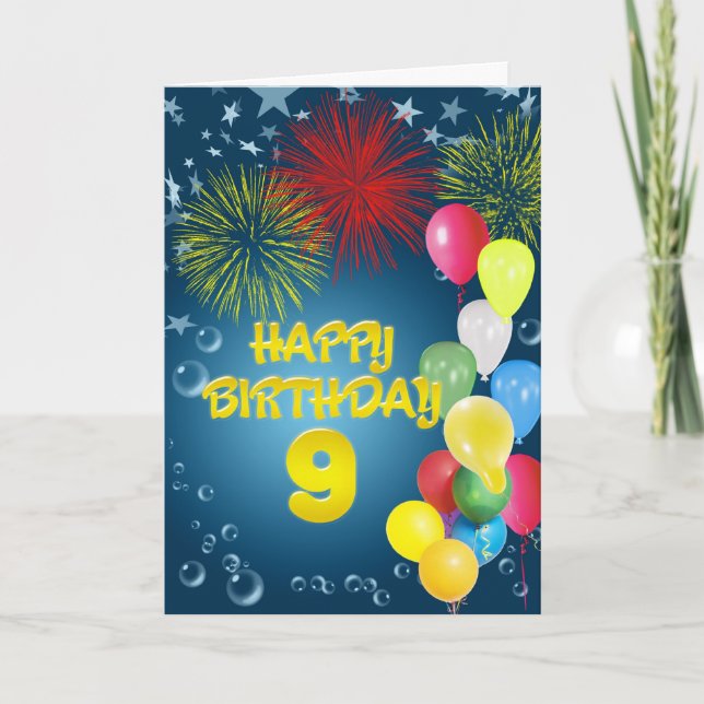 Carte 9e anniversaire avec feux d'artifice et ball (Devant)