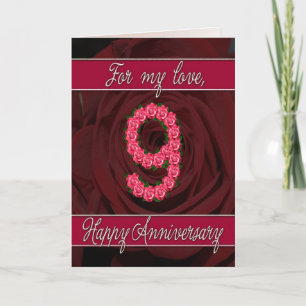 Carte 9e anniversaire avec roses et feuille