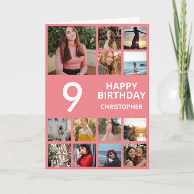 Carte 9e anniversaire Collage photo 13 photos rose et bl (Devant)