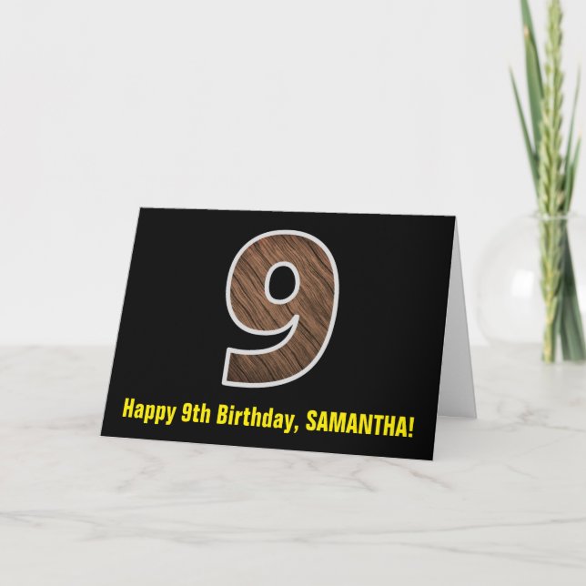 Carte 9e anniversaire : Nom + Faux Wood Grain Motif "9" (Devant)