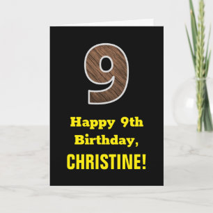 Carte 9e anniversaire : Nom, Motif Faux Wood Grain "9"