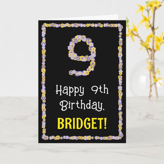 Carte 9e anniversaire : numéro de fleurs florales, nom p (Fleur jaune)