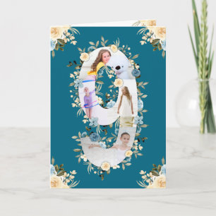 Carte 9e anniversaire Photo Collage bleu Fleur jaune Tur