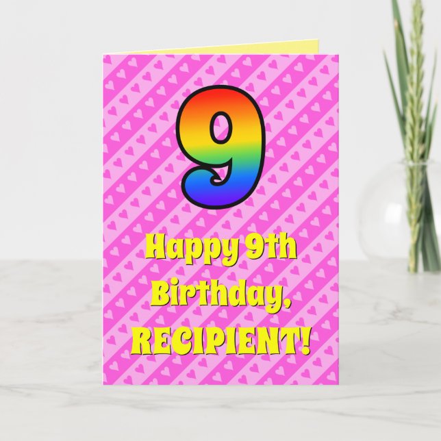 Carte 9e anniversaire : Pink Stripes & Hearts, Rainbow # (Devant)