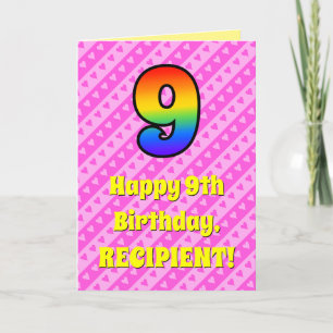 Carte 9e anniversaire : Pink Stripes & Hearts, Rainbow #