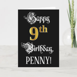 Carte 9e anniversaire — Script fantaisie; look or Faux; 