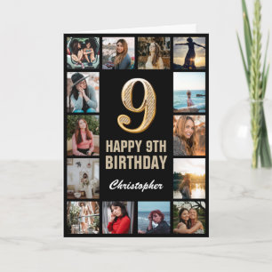 Carte 9e Joyeux anniversaire noir et or photo collage