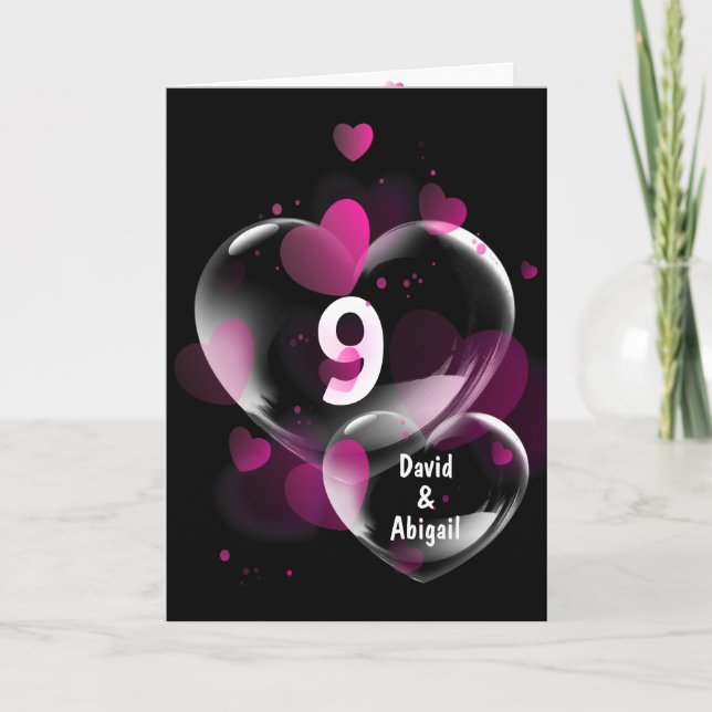 Carte 9ème Anniversaire Bulles cardiaques sur Noir (Devant)
