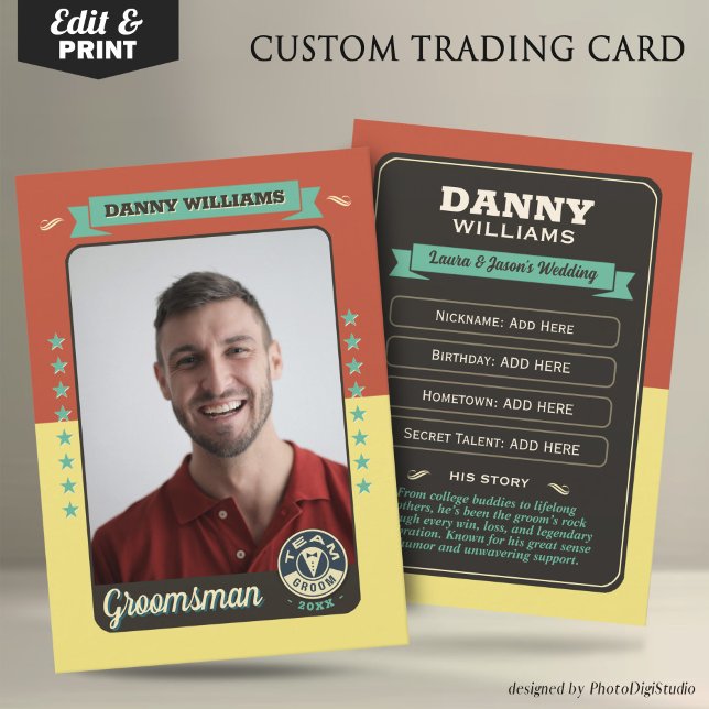 Carte à collectionner personnalisée pour l'équipe  (Custom Team Groom Trading Card, Groomsmen Gifts Best Man Trading Card, Retro Wedding Cards)