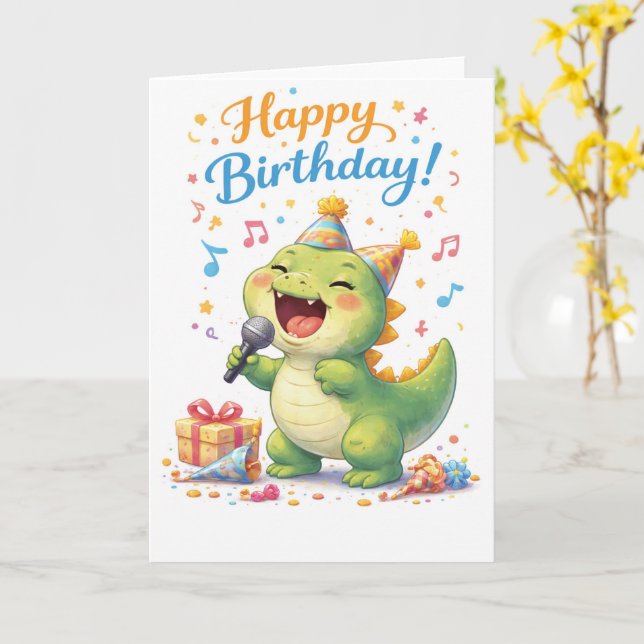 Carte A fun dinosaur singing happy birthday (Fleur jaune)